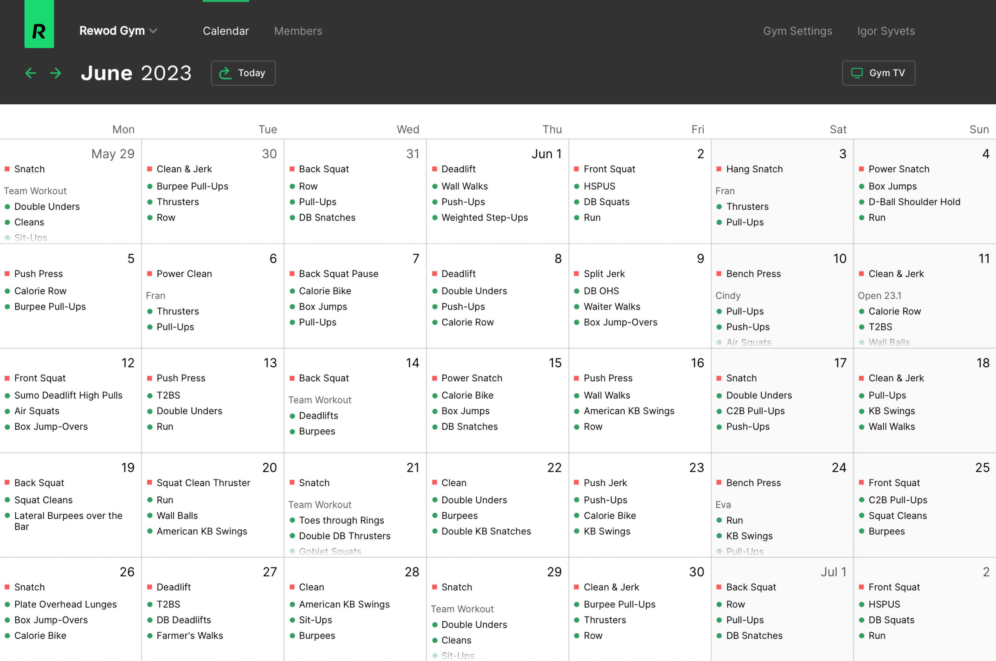 A screenshot from Rewod coaches website depicting a calendar with workout schedule